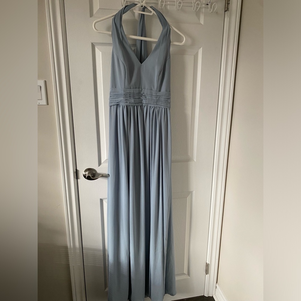 David’s Bridal Dusty Blue Halter Gown